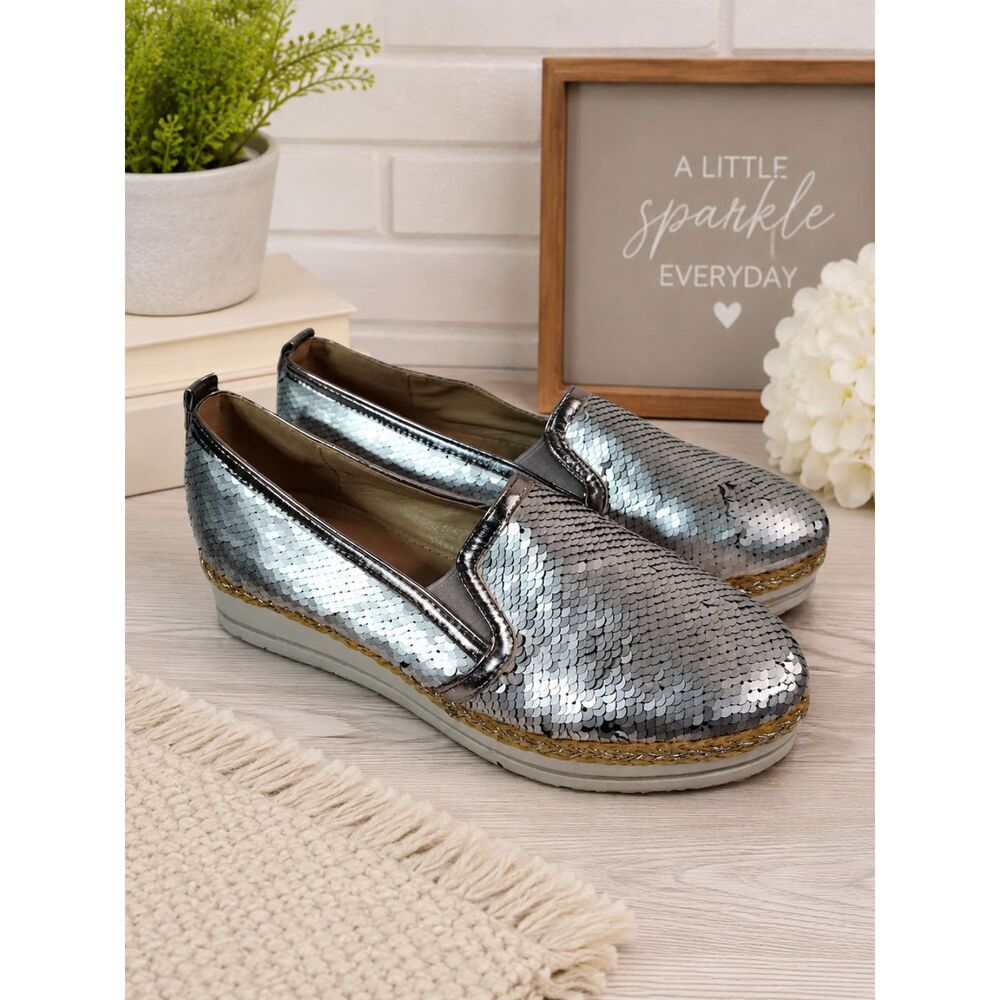 Moca Silver Sequin Slip On Shoes Womens 7.5 Platform Espadrille Loafers Metallic